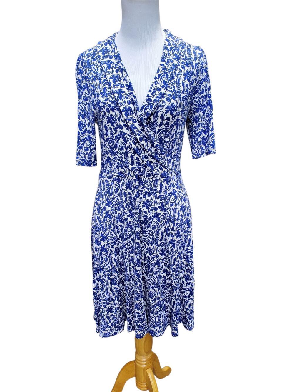 Boden Floral Dress Blue White Faux Wrap Short Sleeve Collared Party Cocktail 6R